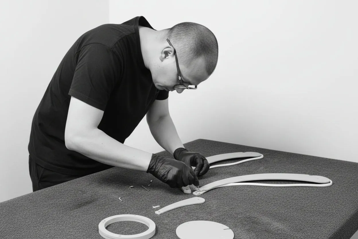 Sanding laser-cut steel parts in the studio